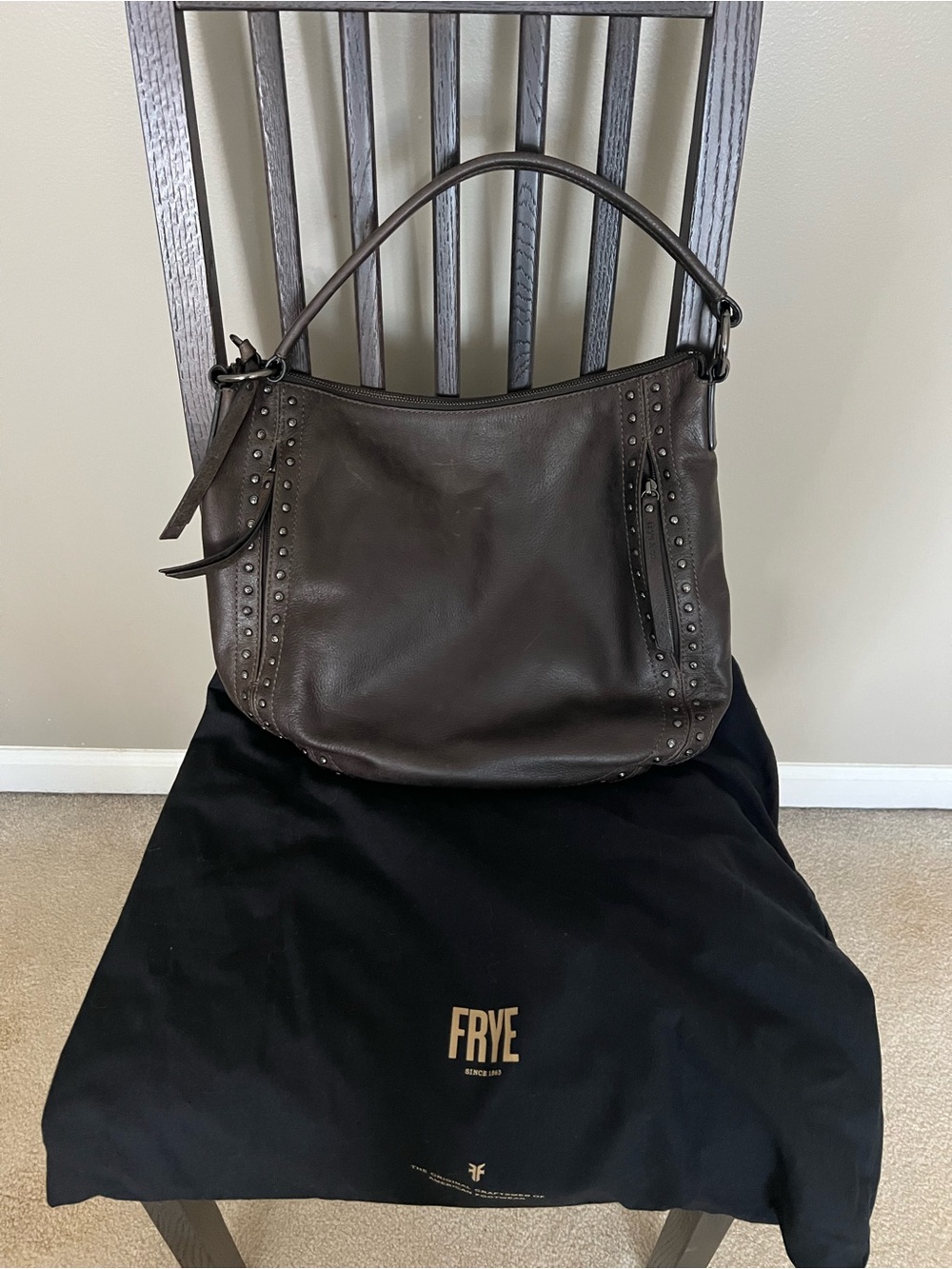 FRYE AND CO. Victoria Moto Brown/Grey Studded Leather Hobo Shoulder Ba